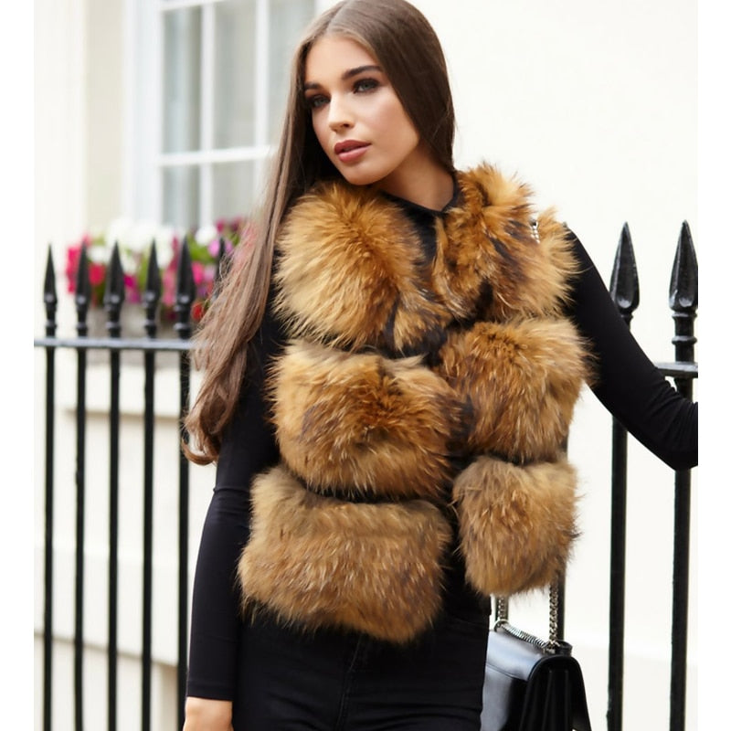 WILUXE  Women Real Raccoon Fur Vest 100% Real