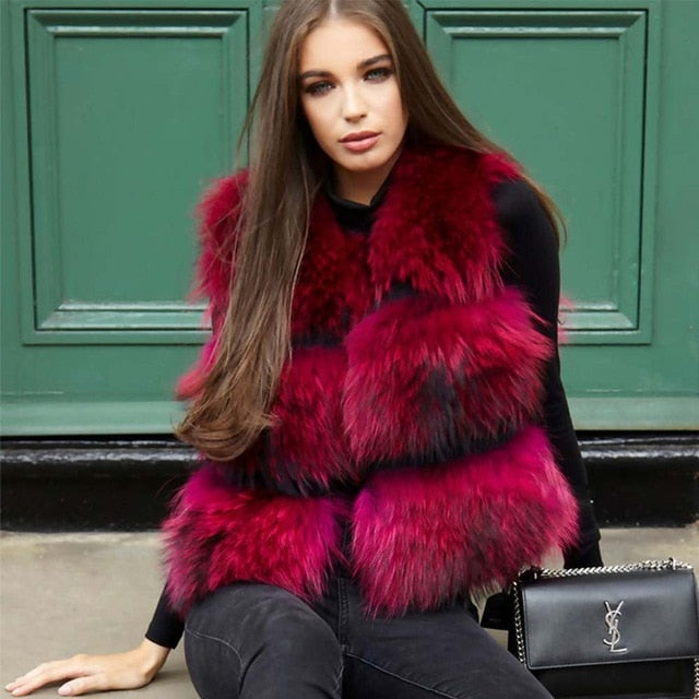 WILUXE  Women Real Raccoon Fur Vest 100% Real