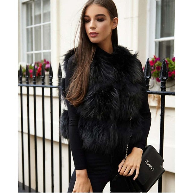 WILUXE  Women Real Raccoon Fur Vest 100% Real