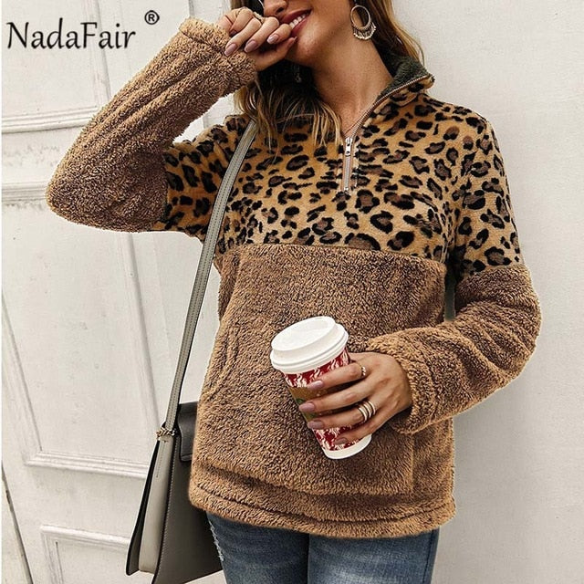 WILUXE Leopard Patchwork Plus Size Fluffy Sweatshirt Women Zip Fleece Casual Oversized Hoodie Winter Pullover Hoody Ladies