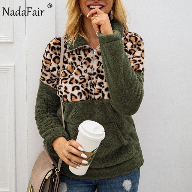 WILUXE Leopard Patchwork Plus Size Fluffy Sweatshirt Women Zip Fleece Casual Oversized Hoodie Winter Pullover Hoody Ladies