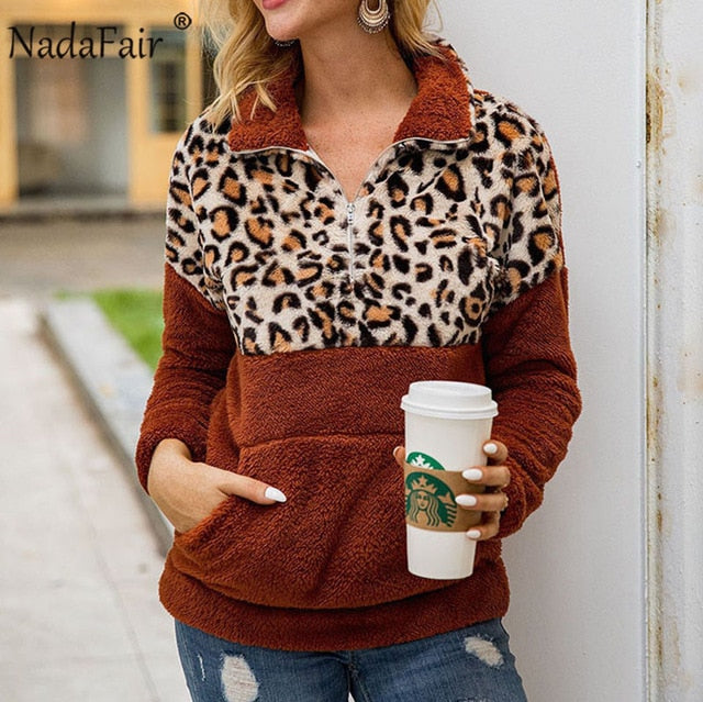 WILUXE Leopard Patchwork Plus Size Fluffy Sweatshirt Women Zip Fleece Casual Oversized Hoodie Winter Pullover Hoody Ladies