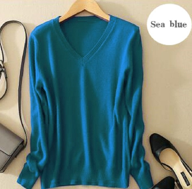 WILUXE  Sweater V-Neck  Autumn Cashmere Wool Knit Sexy