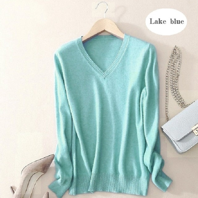 WILUXE  Sweater V-Neck  Autumn Cashmere Wool Knit Sexy